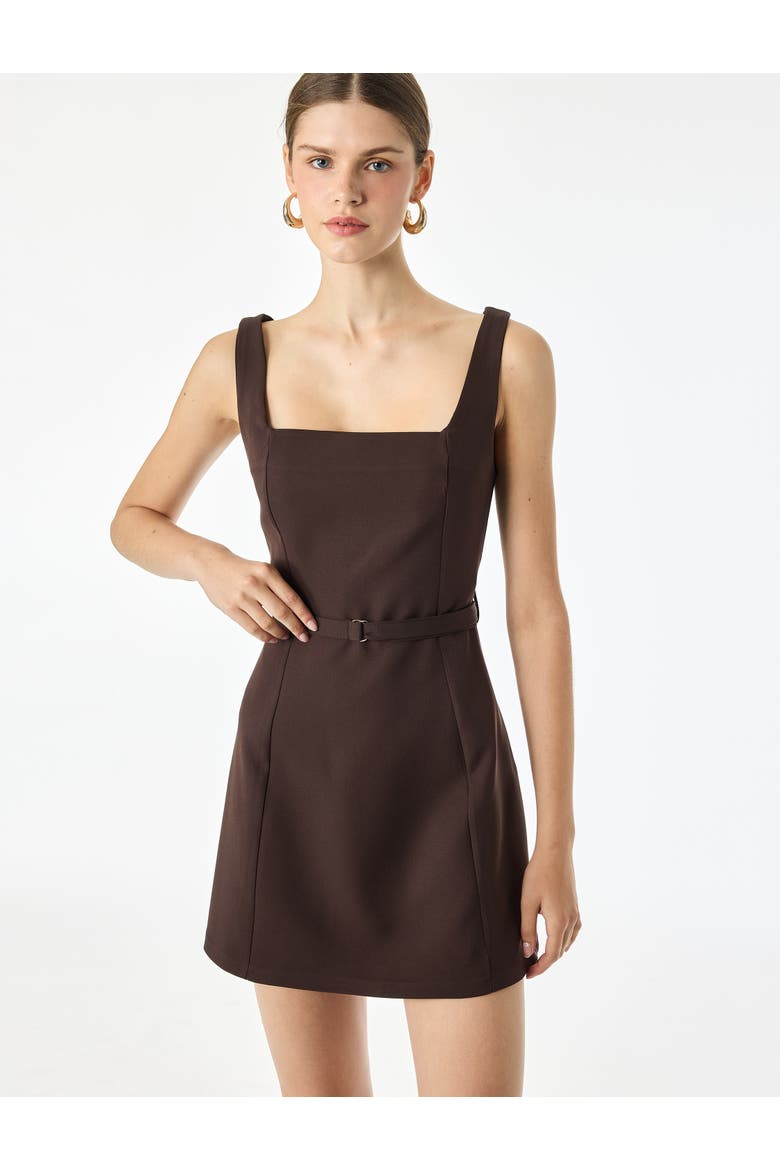 Square Neck Sleeveless Belted Mini Dress, Alternate, color, BROWN