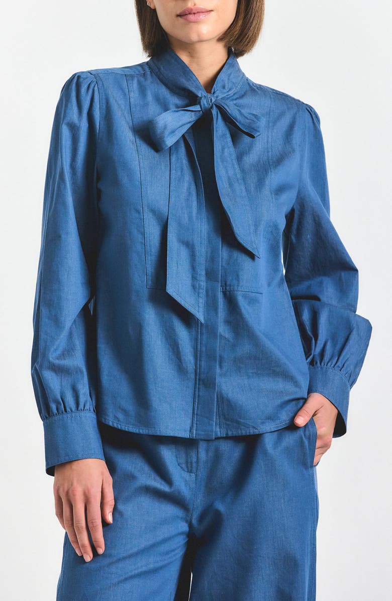 Derek Lam 10 Crosby Majah Tie Neck Long Sleeve Top, Main, color, Medium Blue