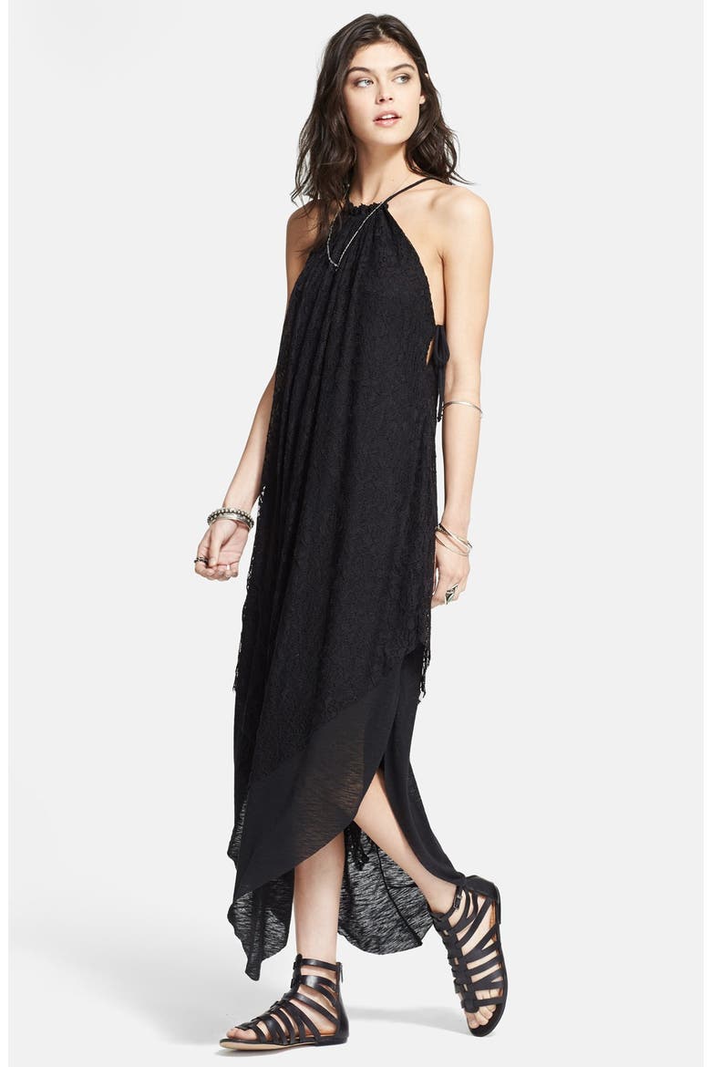 'Olympia' Lace Overlay Maxi Dress, Main, color, BLACK