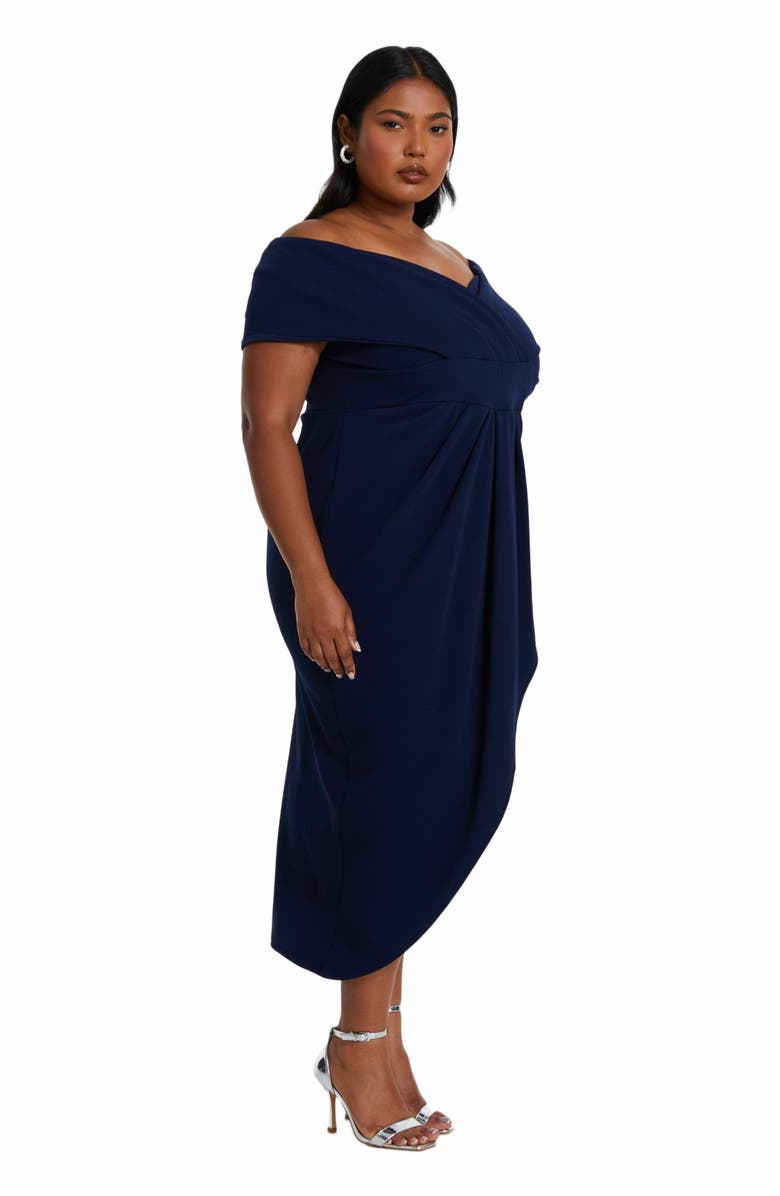 QUIZ Plus Size Bardot Pleated Detail Midi Dress, Alternate, color, 
