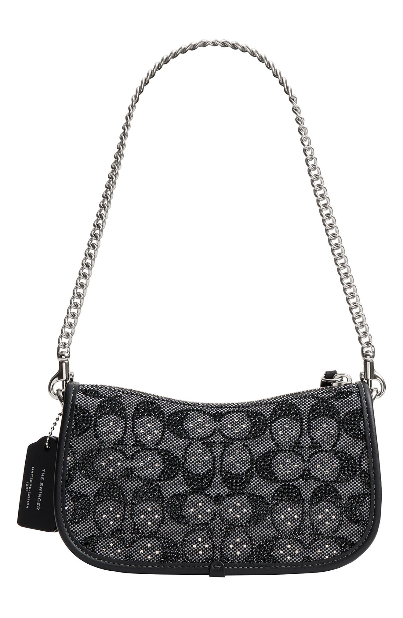 COACH Swinger Crystal Signature Jacquard & Leather Shoulder Bag, Alternate, color, 