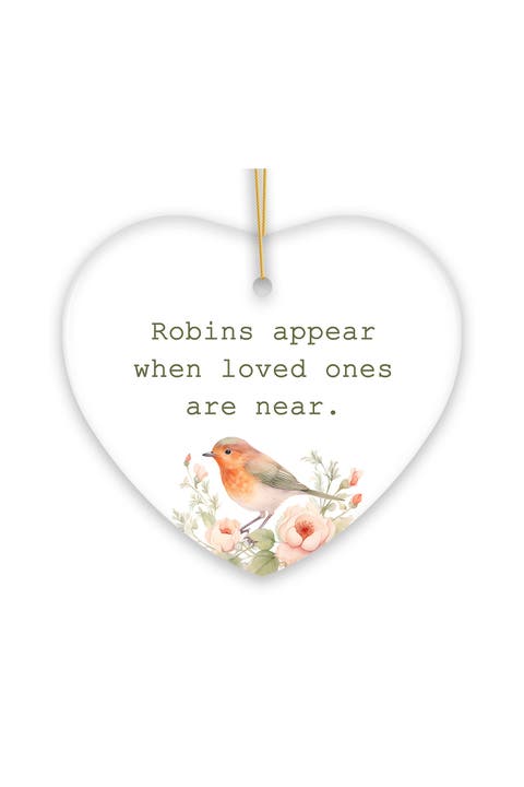 Watercolor Robin And Roses Heart Ornament - Version 2