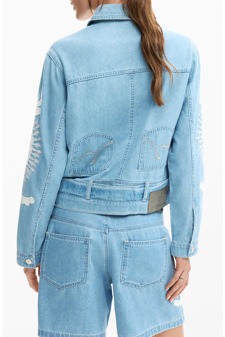 Beaded Lace Detail Denim Trucker Jacket, Alternate, color, MEDIUM BLUE