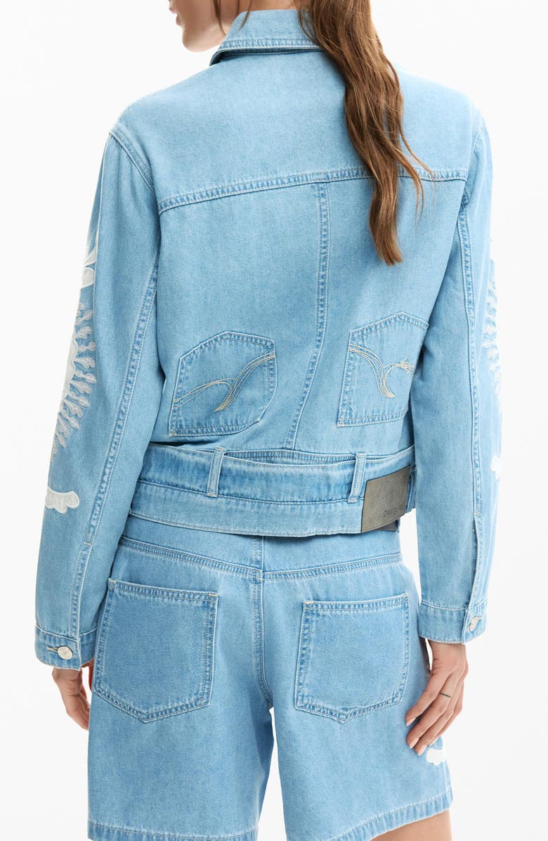 Desigual Beaded Lace Detail Denim Trucker Jacket, Alternate, color, Medium Blue