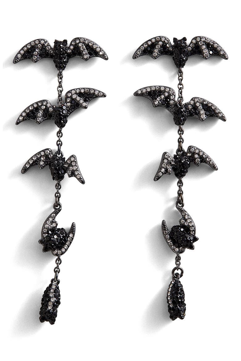 Night Flight Bat Linear Drop Earrings, Main, color, BLACK