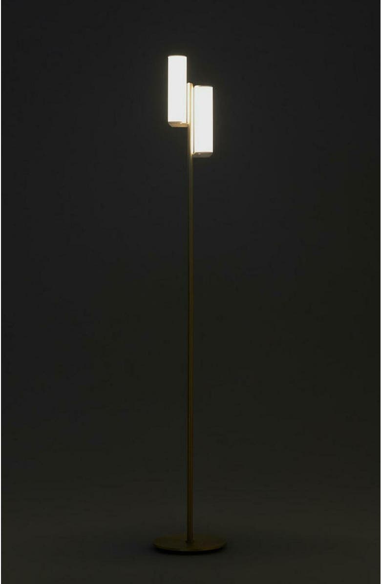 Brightech Gemini 64" Industrial LED Standing Floor Lamp with Glass Cylinder Shades, 3-Way Dimming, Alternate, color, Antique Brass