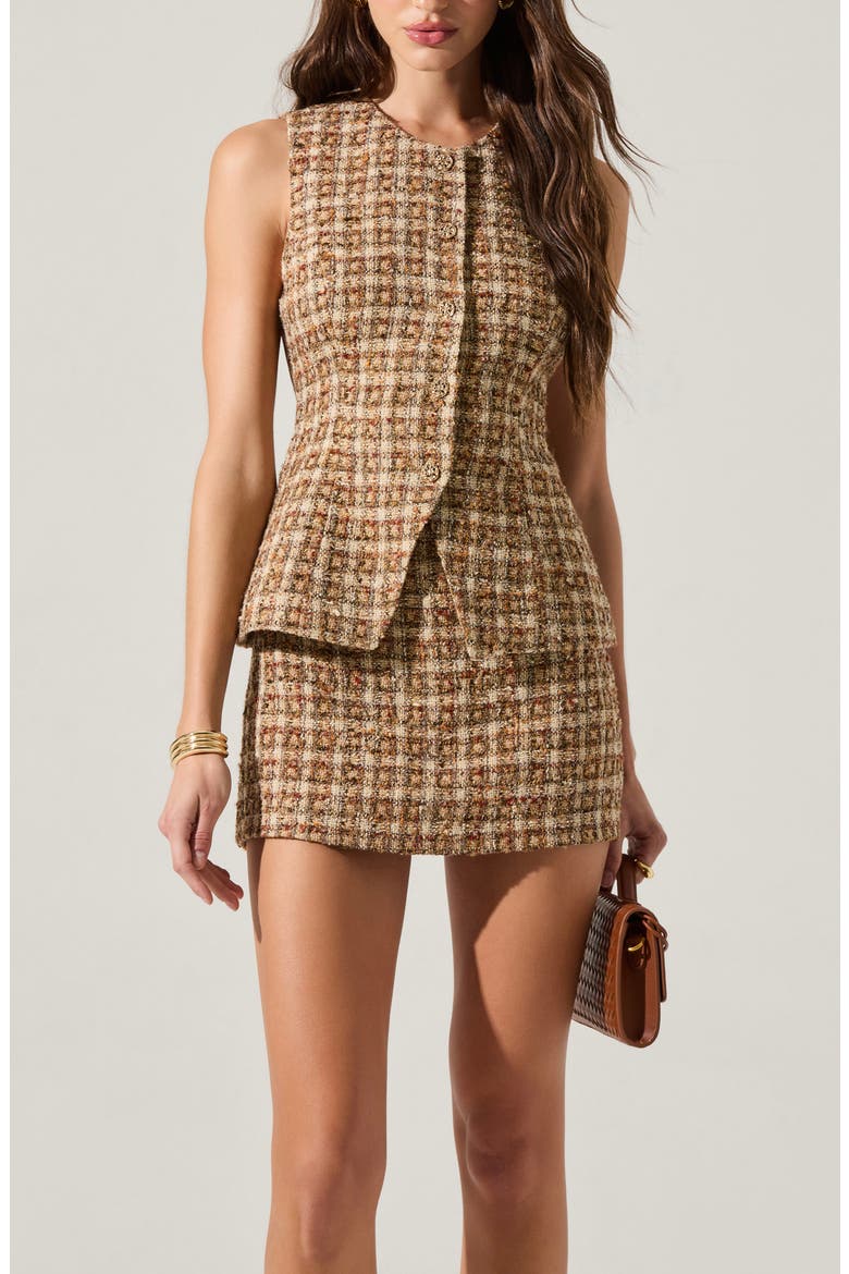 Dilone Sleeveless Plaid Tweed Layered Minidress, Alternate, color, BROWN MULTI