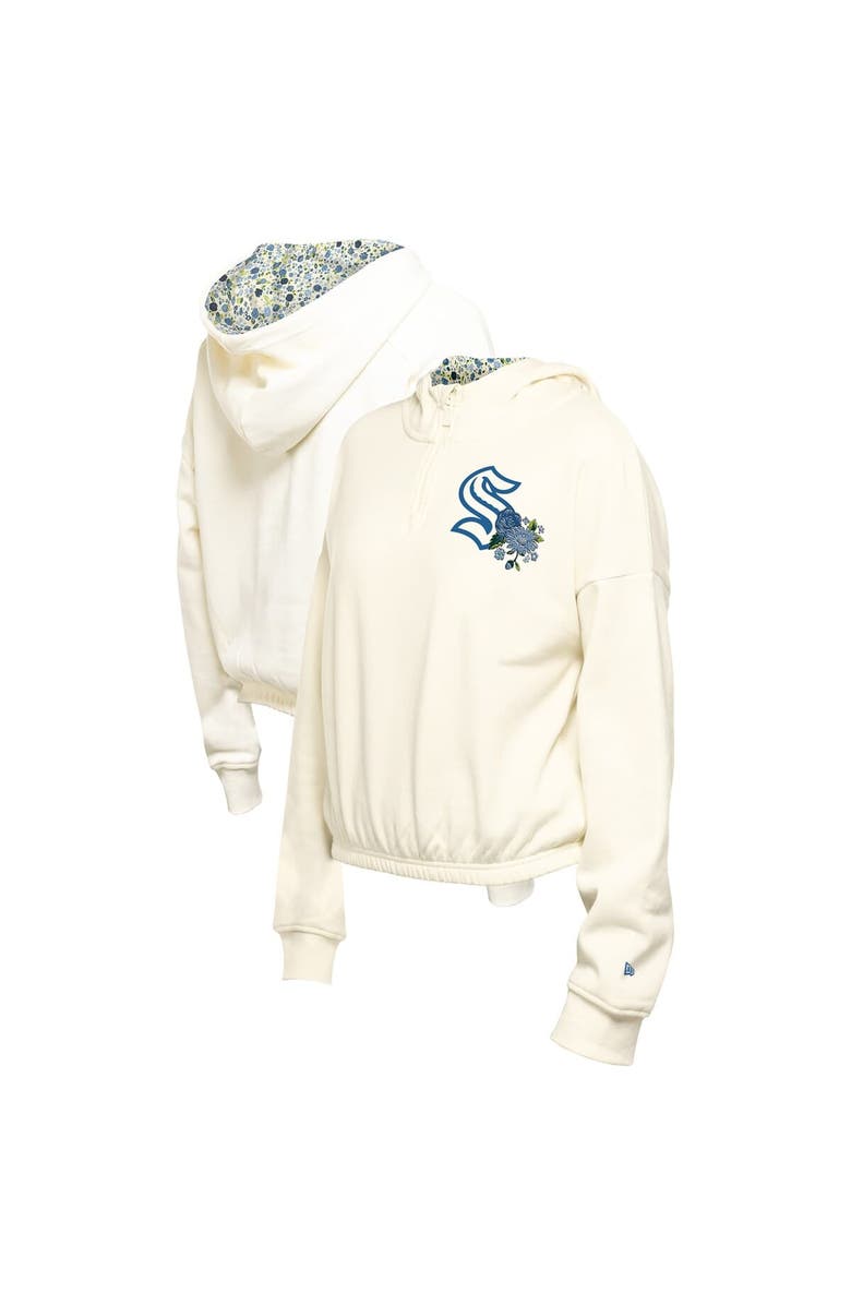 New Era Women's New Era Cream Seattle Kraken Glam Game Quarter-Zip Cropped Floral Hoodie Pullover, Alternate, color, Cream