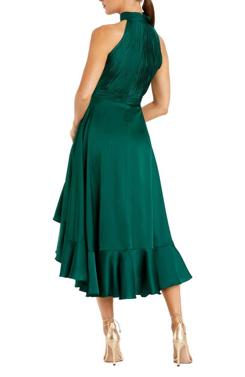 Mac Duggal Halter Neck Flower Detail Ruffled Midi Dress In Emerald