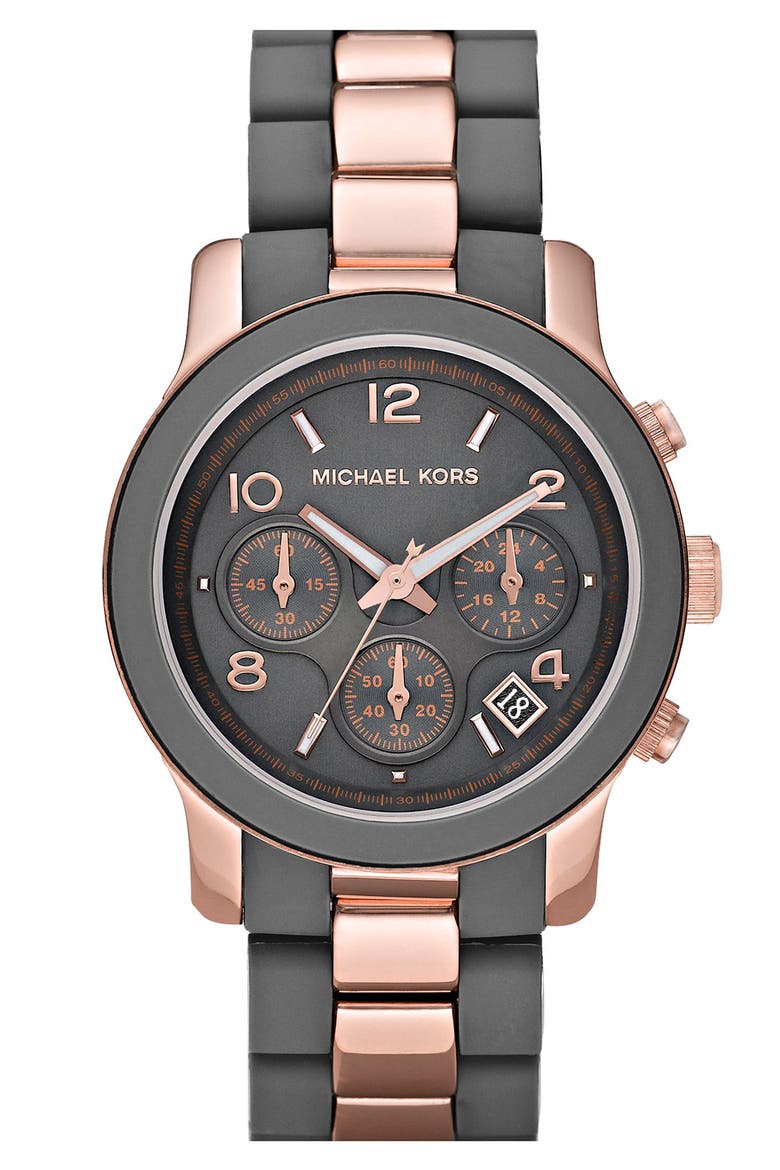 Michael Kors 'Silicone Runway' Rose Gold Chronograph Watch, Main, color, GREY/ ROSE GOLD