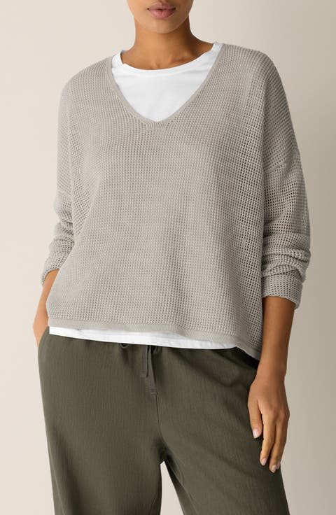 V-Neck Open Knit Sweater (Petite)