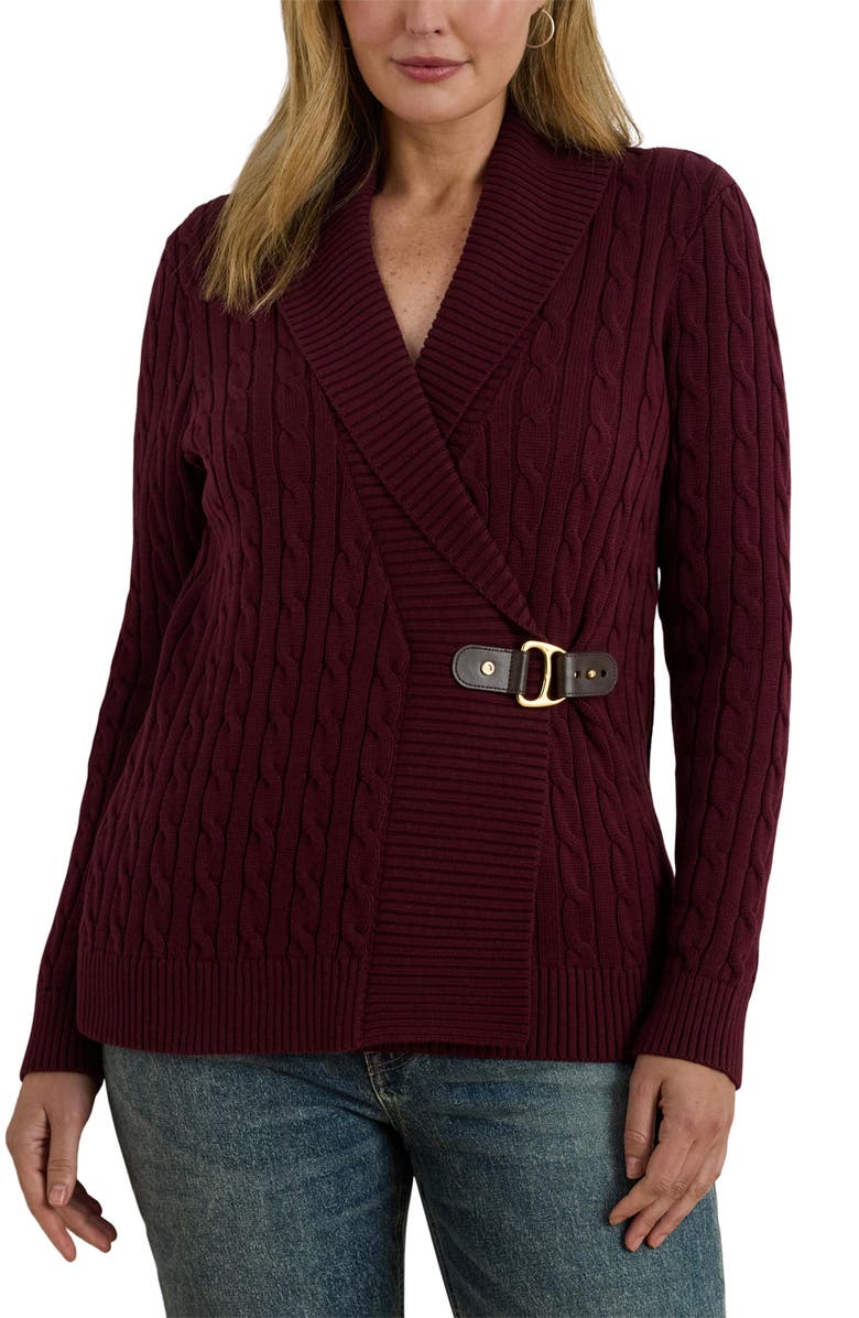 Lauren Ralph Lauren Cable Stitch Cotton Wrap Cardigan, Main, color, Dark Garnet