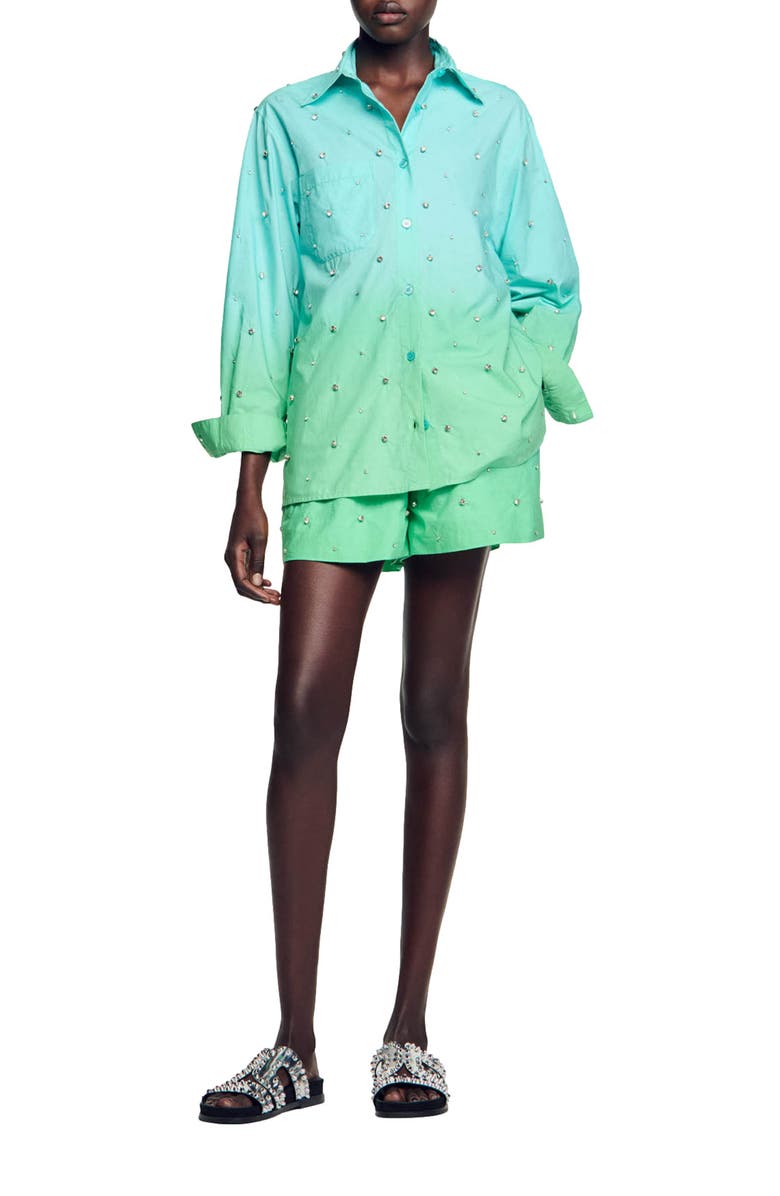 SANDRO Aricie Ombré Rhinestone Embellished Cotton Button-Up Shirt, Alternate, color, 