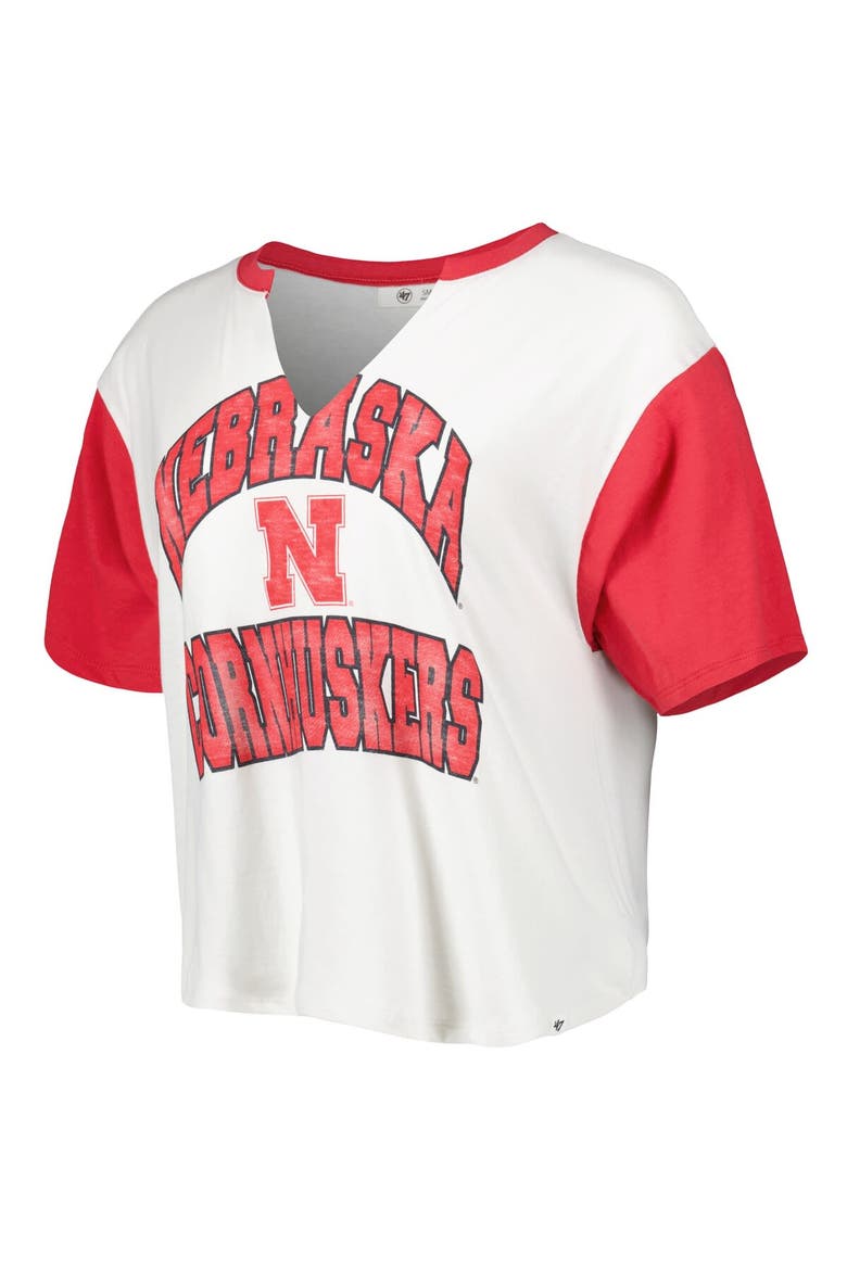 Women's '47 White/Scarlet Nebraska Huskers Inner Glow Dolly Cropped V-Neck T-Shirt, Alternate, color, White