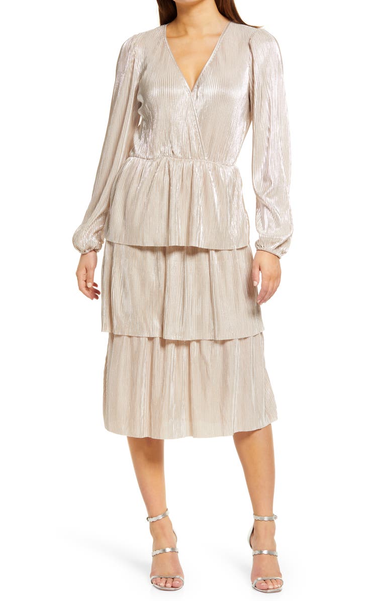 WAYF Metallic Long Sleeve Tiered Midi Dress, Main, color, 
