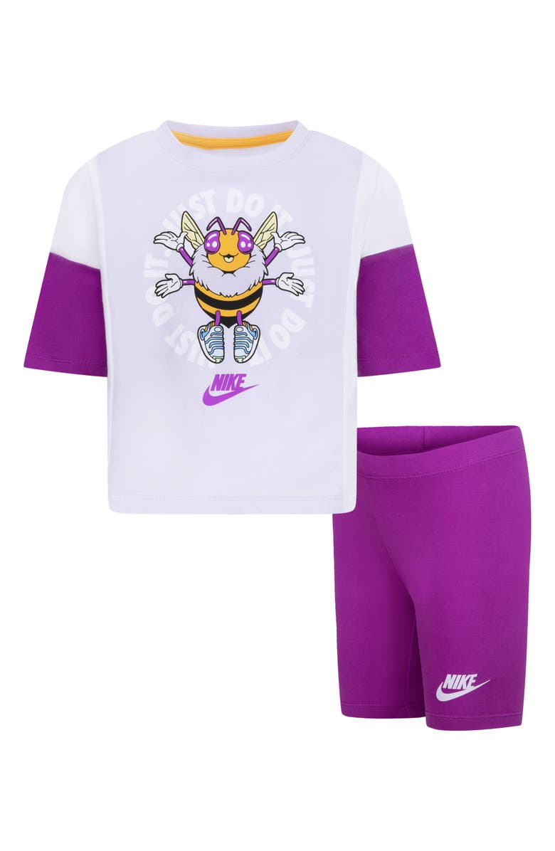 Nike Kids' Graphic T-Shirt & Bike Shorts Set, Main, color, Vivid Purple