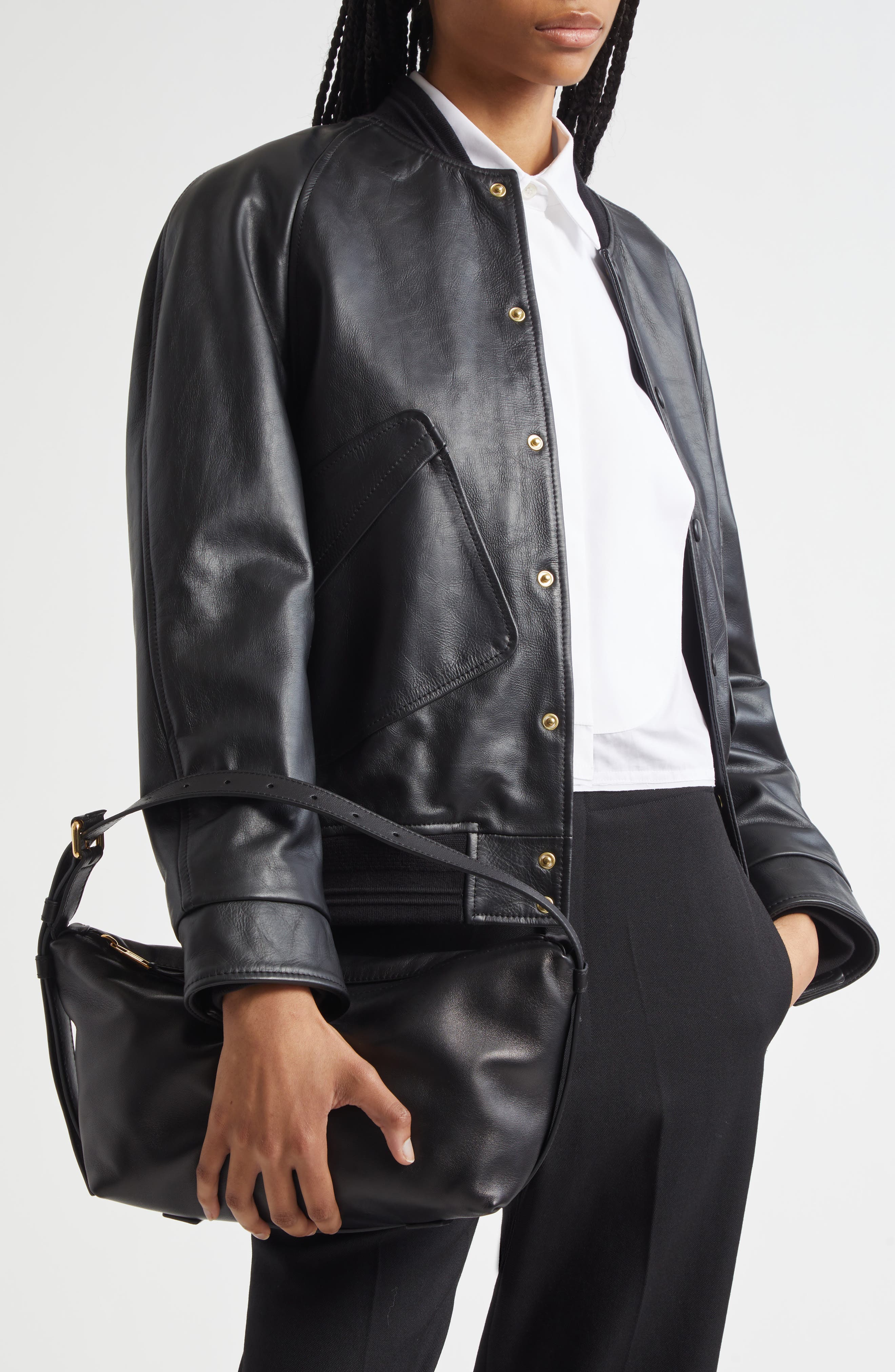 Moschino Tie Me Leather Shoulder Bag, Alternate, color, Black