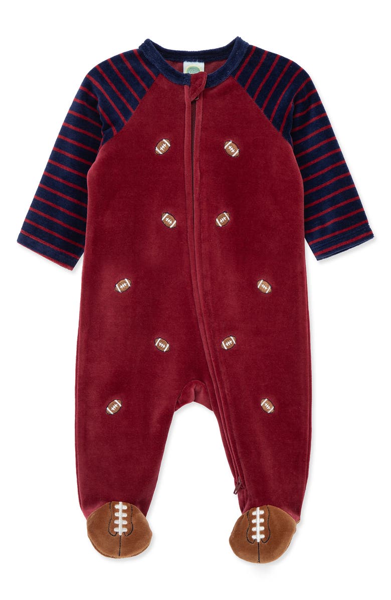 Little Me Football Velour Footie, Main, color, Red Multi