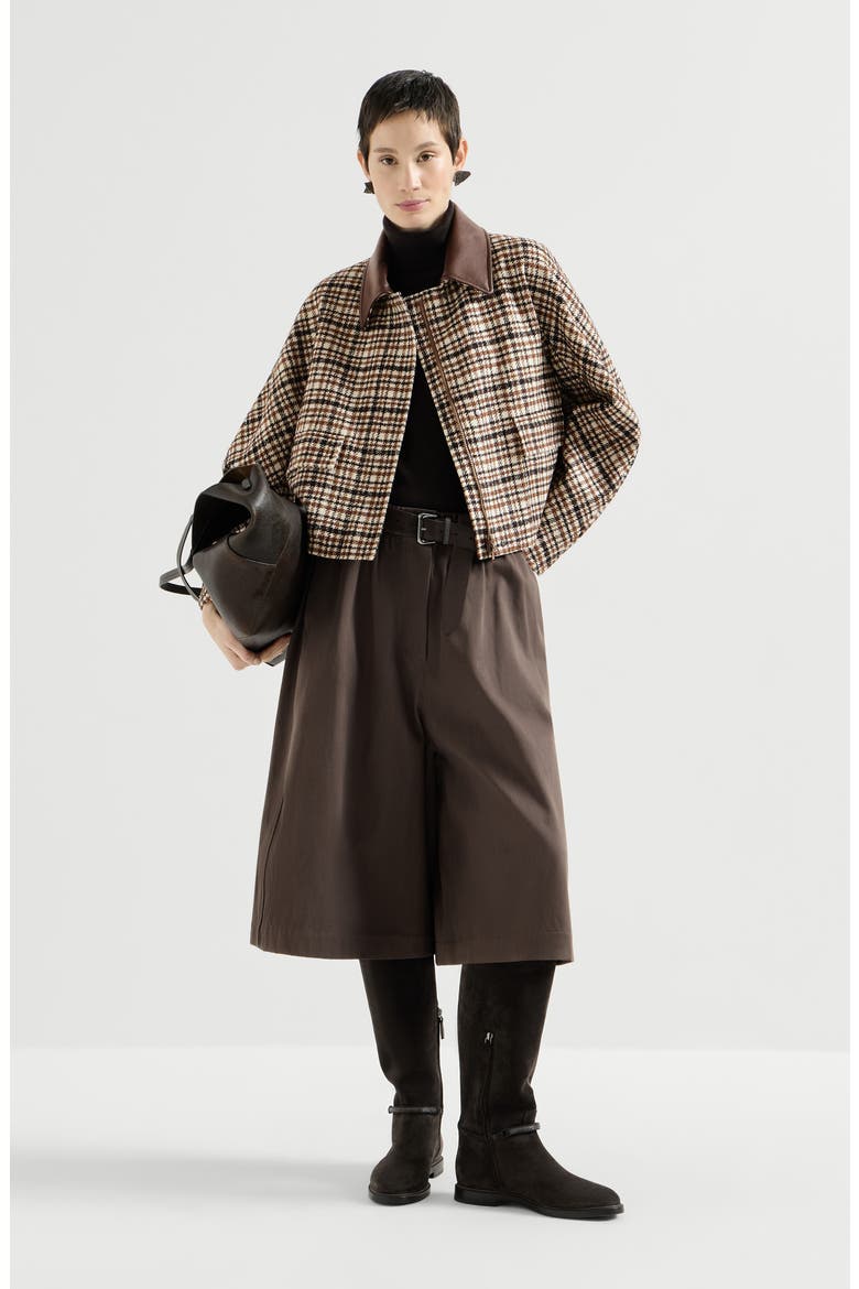 Comfort checked wool and alpaca outerwear jacket with leather collar and monili, Alternate, color, Brown