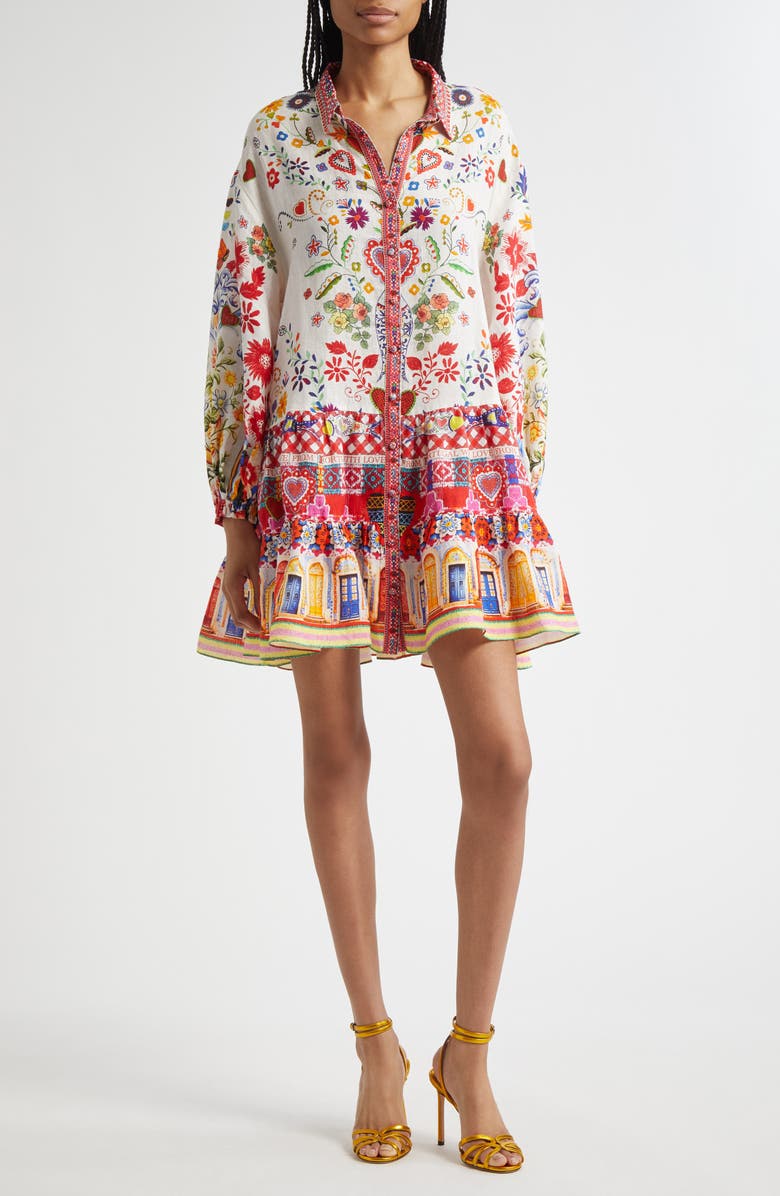 Camilla Tiered Long Sleeve Linen Shirtdress, Main, color, Faith Luck Justice