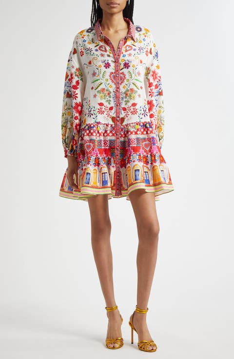 Tiered Long Sleeve Linen Shirtdress