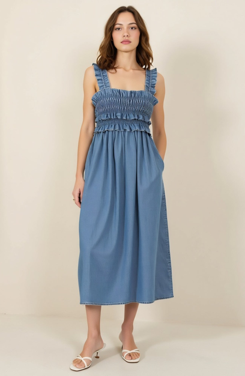 Modenaire Smocked Ruffle Strap Square Neck Flowy Midi Dress In Blue