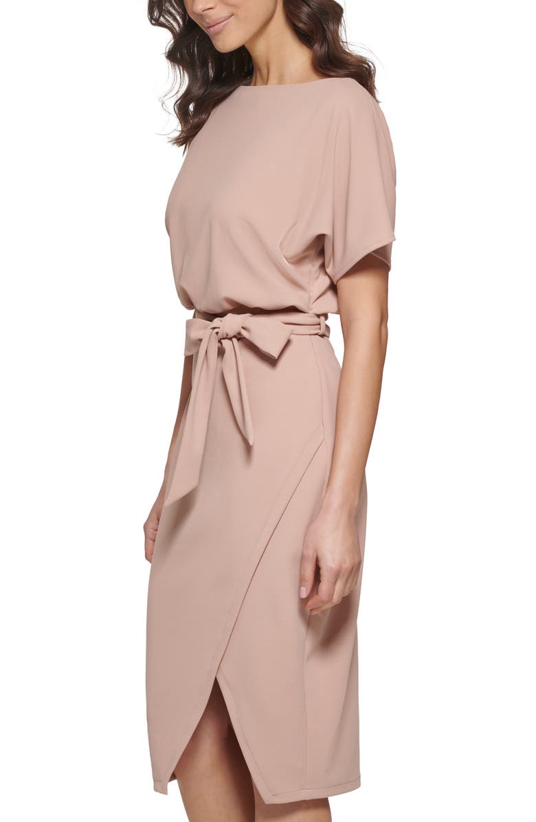 Kensie Tie Front Blouson Dress, Alternate, color, Tan
