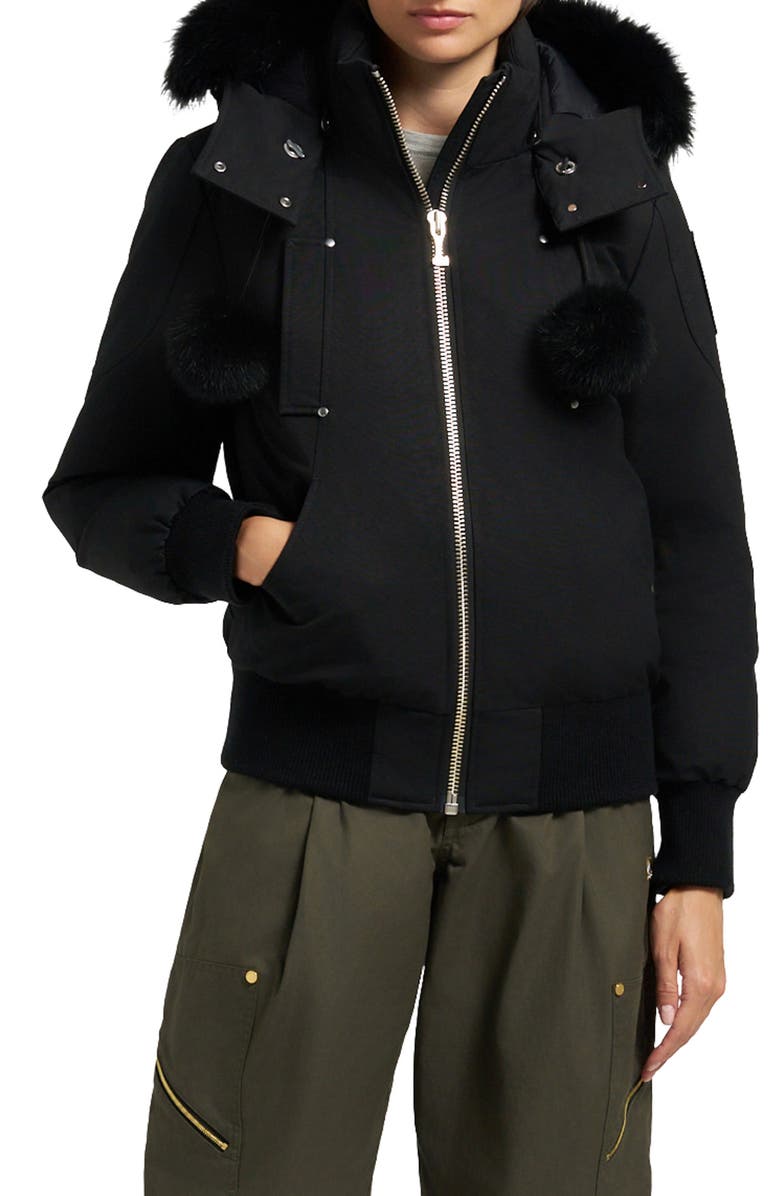 Moose Knuckles Debbie Genuine Shearling Trim Hooded Water Repellent 800 Fill Power Down Bomber Jacket, Main, color, Black