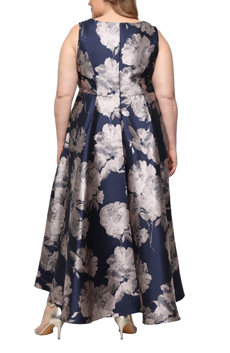 SL FASHIONS Floral Sleeveless Jacquard Gown, Alternate, color, Navy/ Taupe