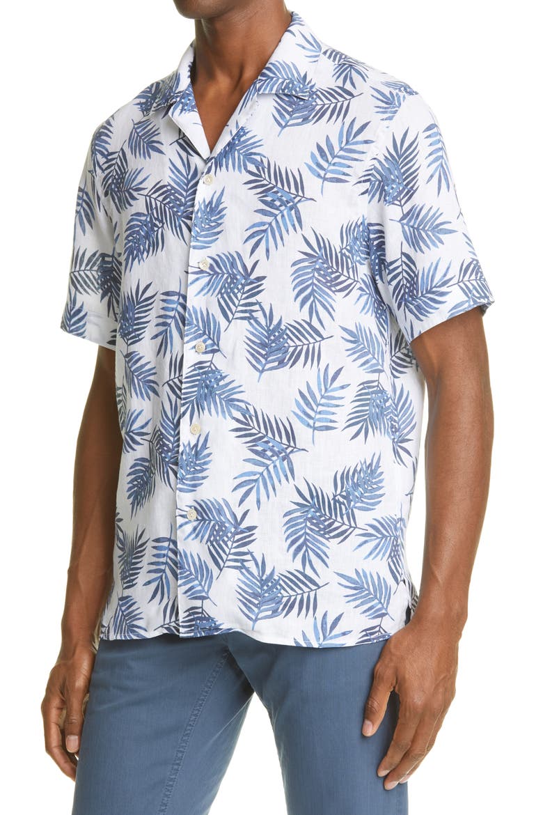 Palm Leaf Short Sleeve Linen Button-Up Shirt, Alternate, color, BLUE
