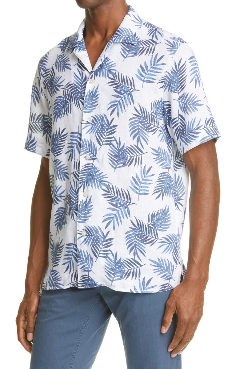 Eleventy Palm Leaf Short Sleeve Linen Button-Up Shirt, Alternate, color,
