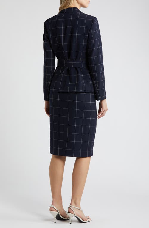 Tahari Asl Windowpane Check Belted Blazer & Pants Set In Blue