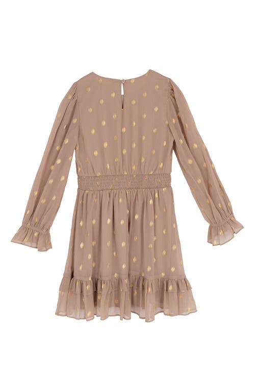 Rare Editions Kids' Long Sleeve Foil Dot Chiffon Dress In Brown