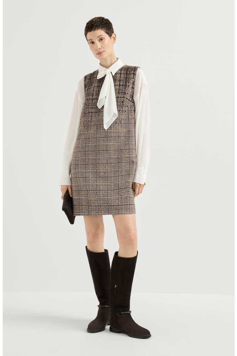 Checked alpaca and wool mini dress with dazzling degradé embroidery, Alternate, color, Brown