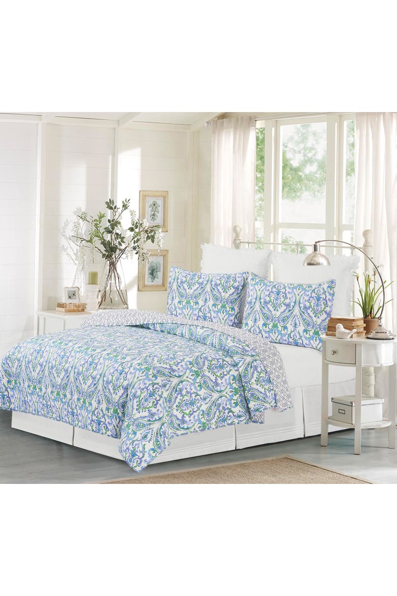 Juliet Damask Cotton Quilt Set - Reversible and Machine Washable, Alternate, color, Blue