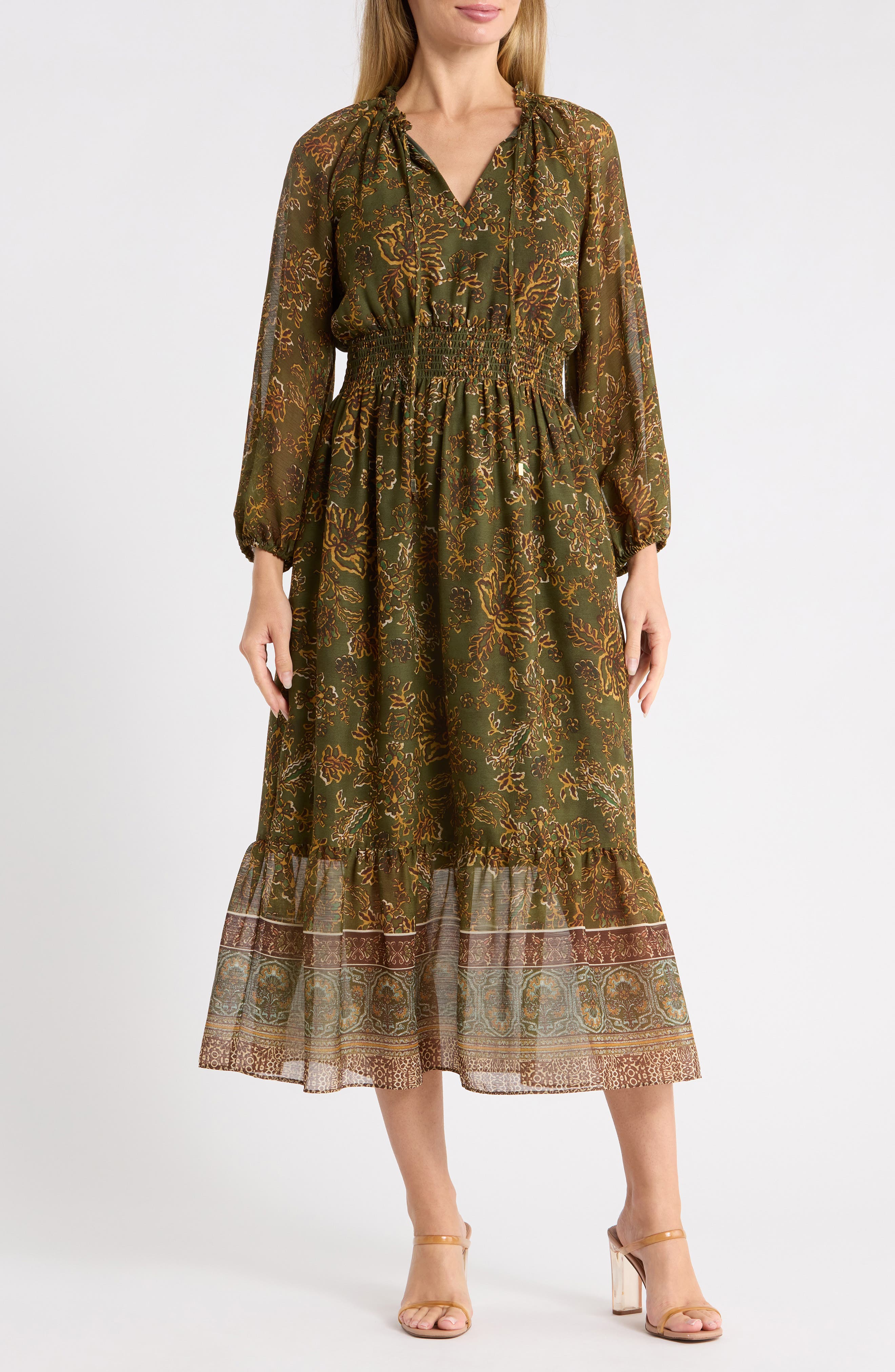 Patterned Chiffon Ruffle Long Sleeve Maxi Dress