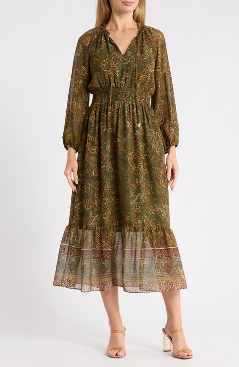 Patterned Chiffon Ruffle Long Sleeve Maxi Dress