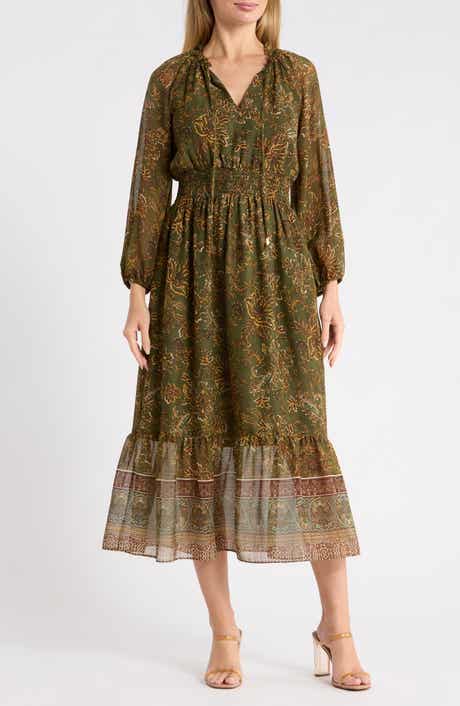 Patterned Chiffon Ruffle Long Sleeve Maxi Dress