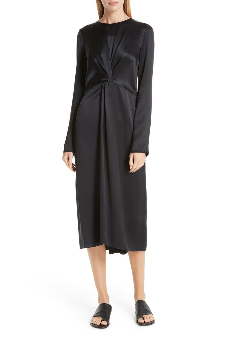 Front and Back Twist Silk Dress, Main, color, BLACK