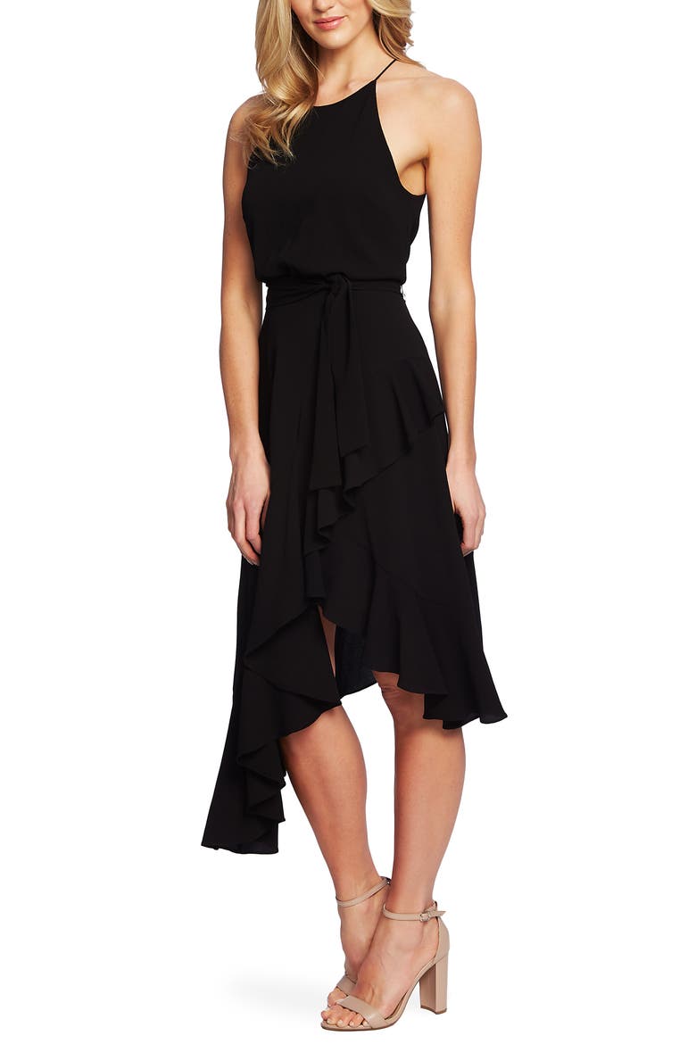 Asymmetrical Cascading Ruffle Hem Dress, Alternate, color, RICH BLACK