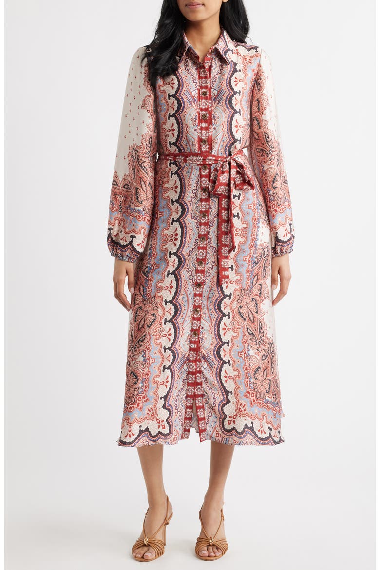 Mixed Paisley Long Sleeve Midi Shirtdress, Main, color, RUST MULTI