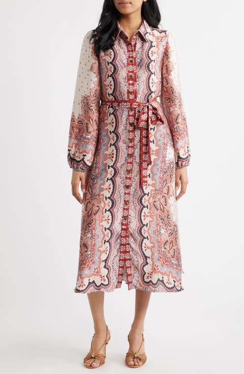 Mixed Paisley Long Sleeve Midi Shirtdress