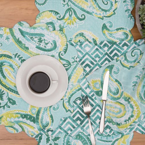 C & F Home C&f Home Jade Cotton Quilted Round Reversible Placemats Set Of 6, 17" In Blue