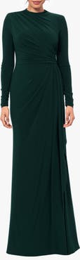 Betsy & Adam Side Ruffle Long Sleeve Gown