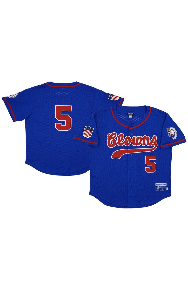 Men's Rings & Crwns #5 Royal Indianapolis Clowns Mesh Button-Down Replica Jersey, Main, color, Royal