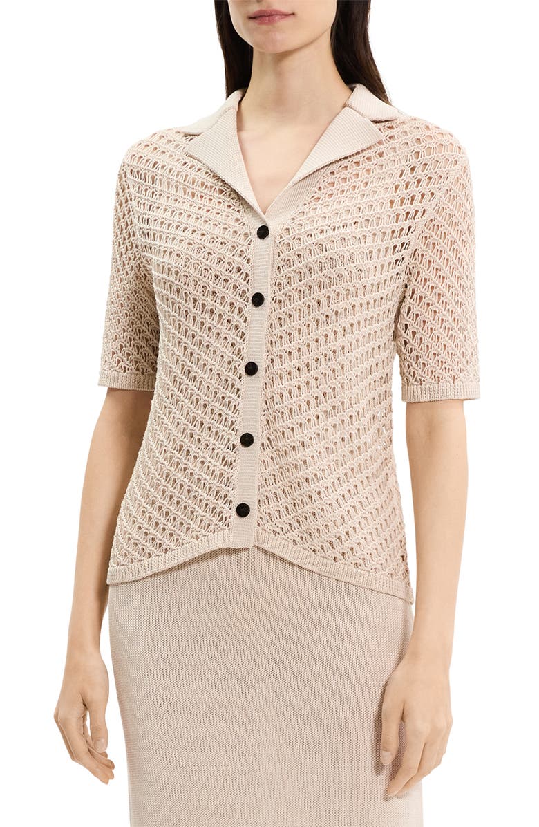 Theory Openwork Knit Camp Shirt, Main, color, Almond
