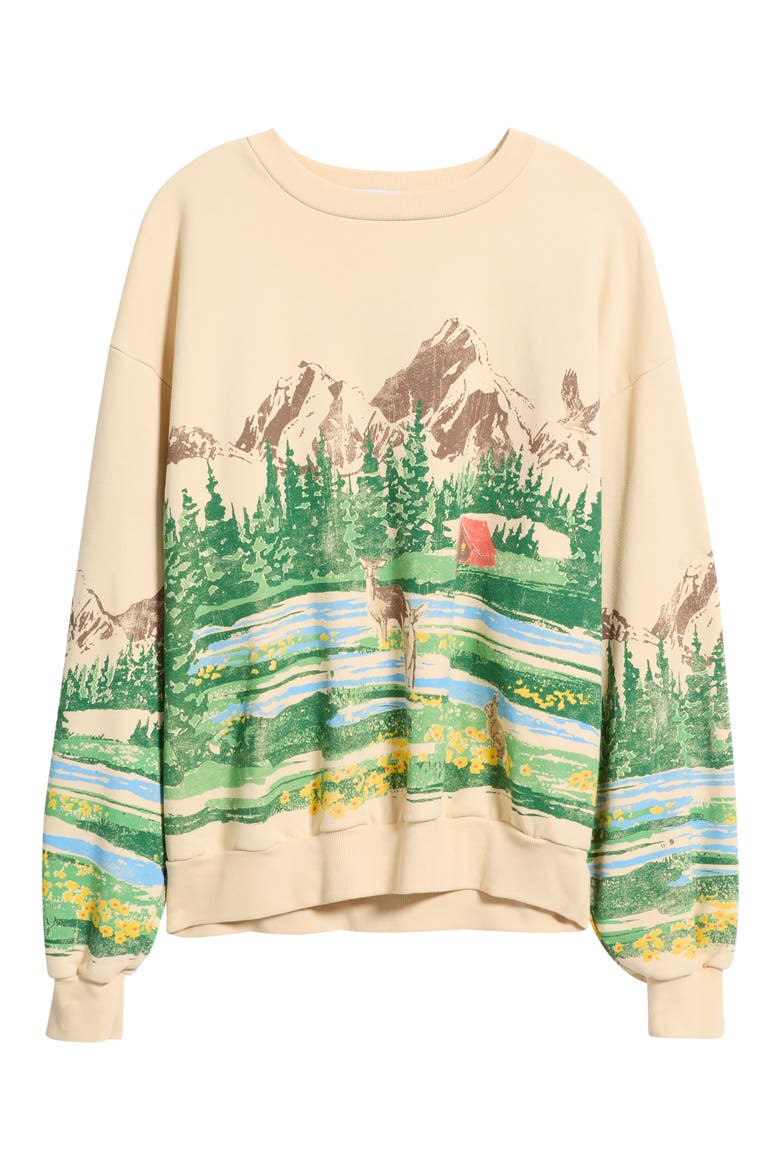 Campsite Scene Graphic Oversized Sweatshirt, Alternate, color, SAND