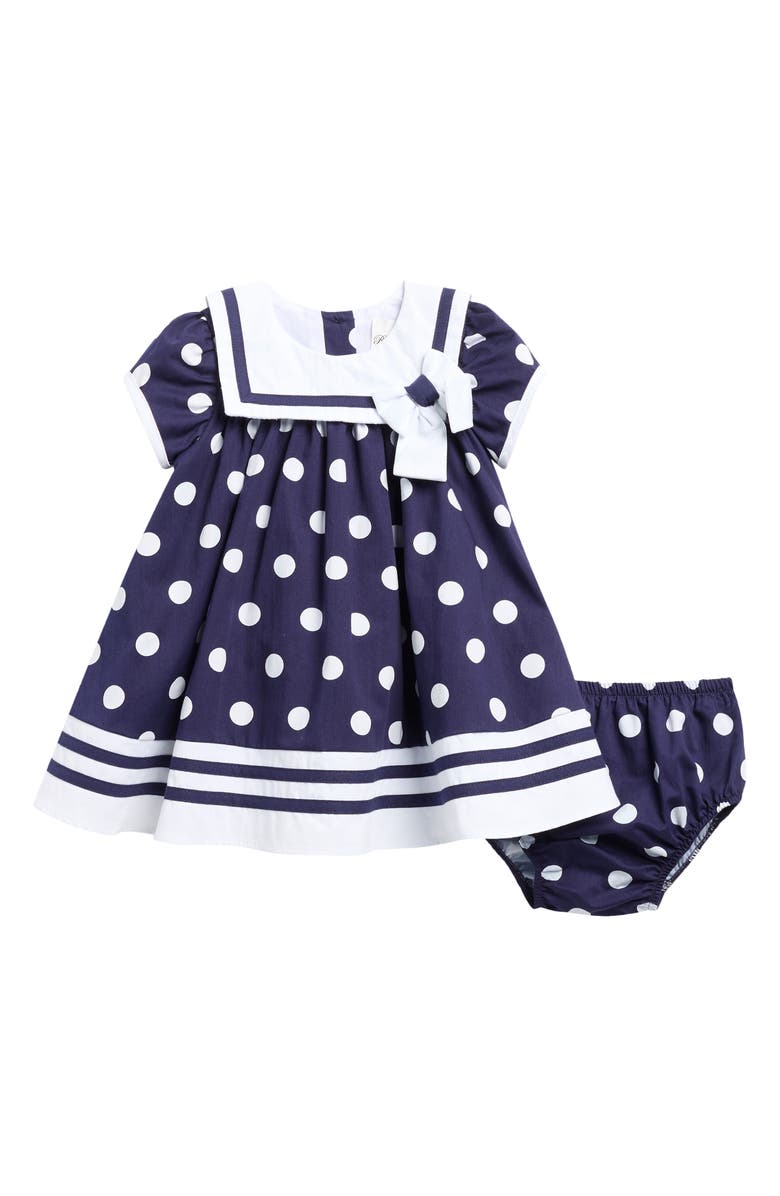 Rare Editions Nautical Polka Dot Dress & Bloomers Set, Main, color, Navy