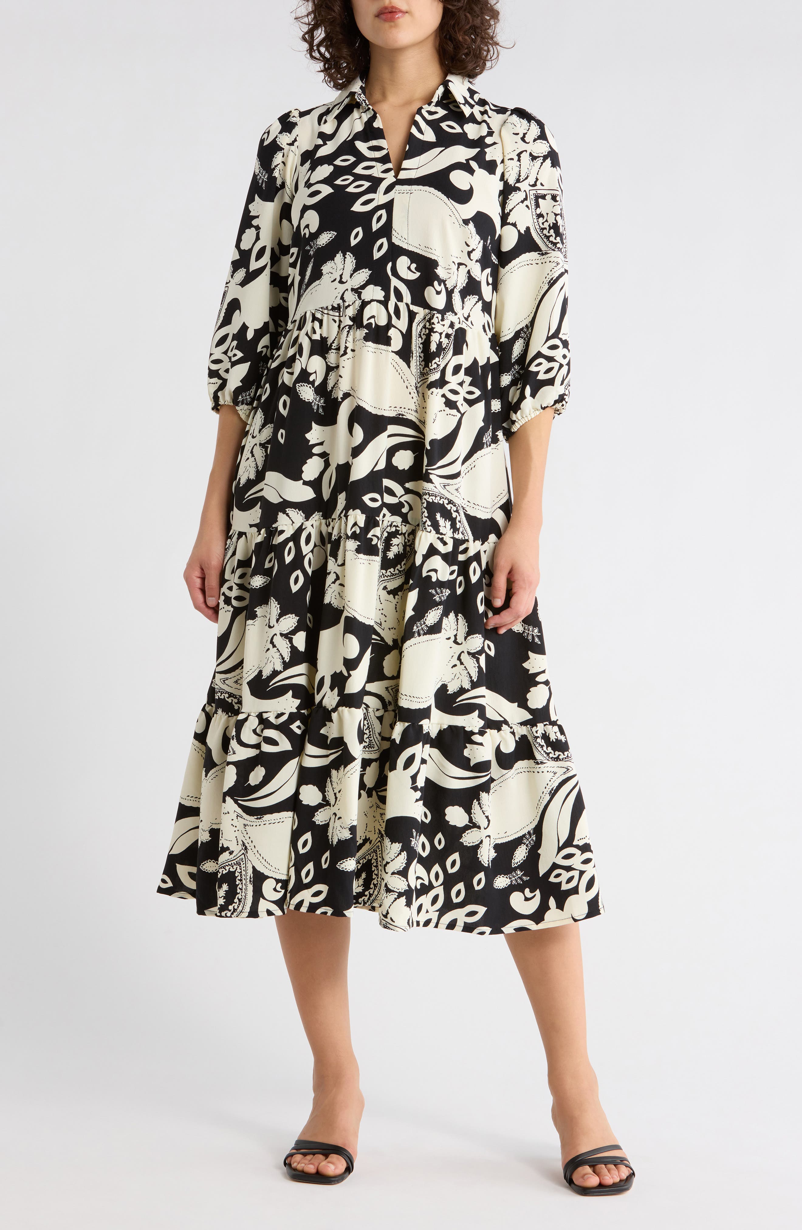 SANDRA DARREN Three-Quarter Sleeve Tiered Dress