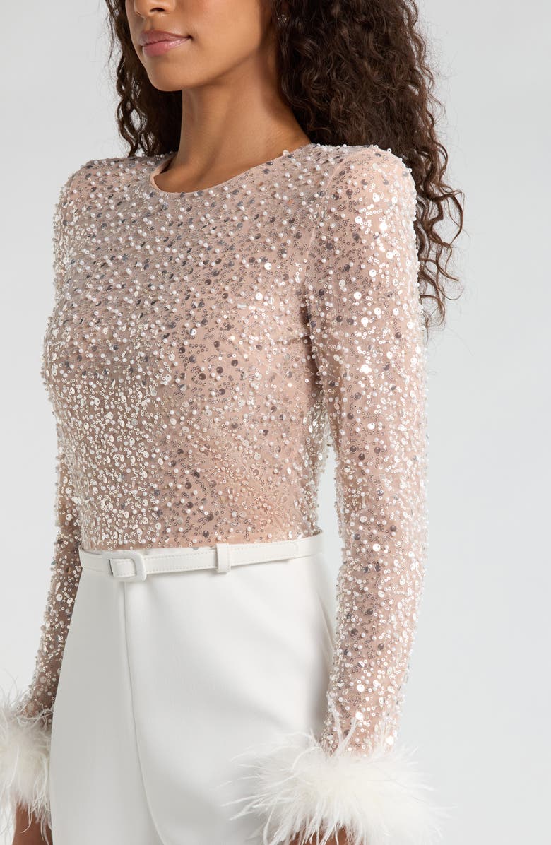 NADINE MERABI Amelia Sequin Flare Leg Jumpsuit, Alternate, color, White